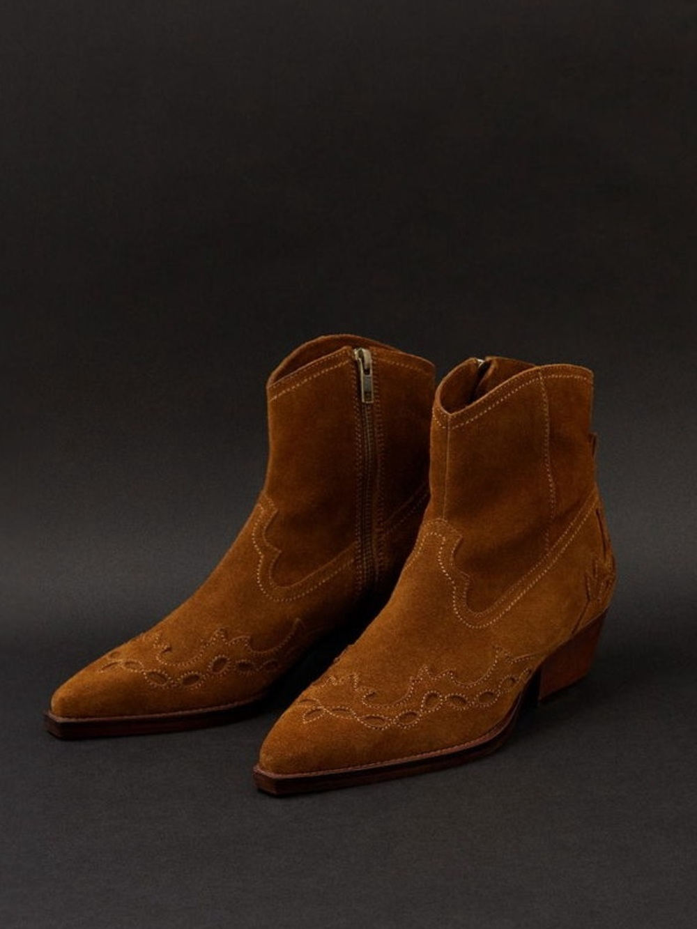 Mango Leather Western Ankle Boots Brown Suede Embroidered Size 37 US 6.5